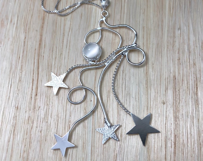 Celestial Stars Gemstone Necklace in Sterling Silver, Statement Star Necklace, Handmade, Gifts For Her, Anniversary, Celestial Jewelry