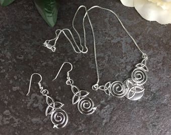 Celtic Victorian Spiral Necklace and Earring Set, Irish Love Knot Bridal Set, Sterling Silver Irish Jewelry Set with 16 inch Box Chain