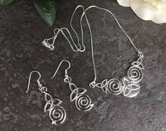 Sterling Silver Celtic Knot Necklace and Earring Set, Irish Jewelry, Pictish, Gifts For Her
