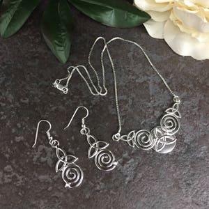 Celtic Victorian Spiral Necklace and Earring Set, Irish Love Knot Bridal Set, Sterling Silver Irish Jewelry Set with 16 inch Box Chain