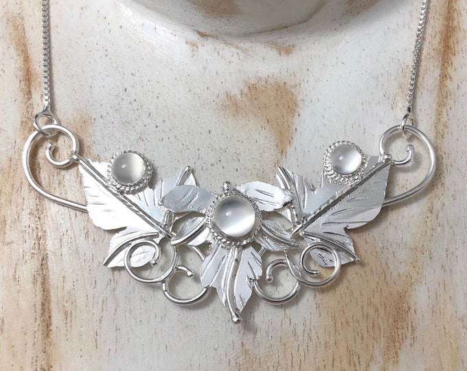 Moonstone Elvish Sterling Silver Necklace, Leaf Forest Fae Renaissance Necklace, Bohemian Style, Fantasy Wedding, Gifts For Her