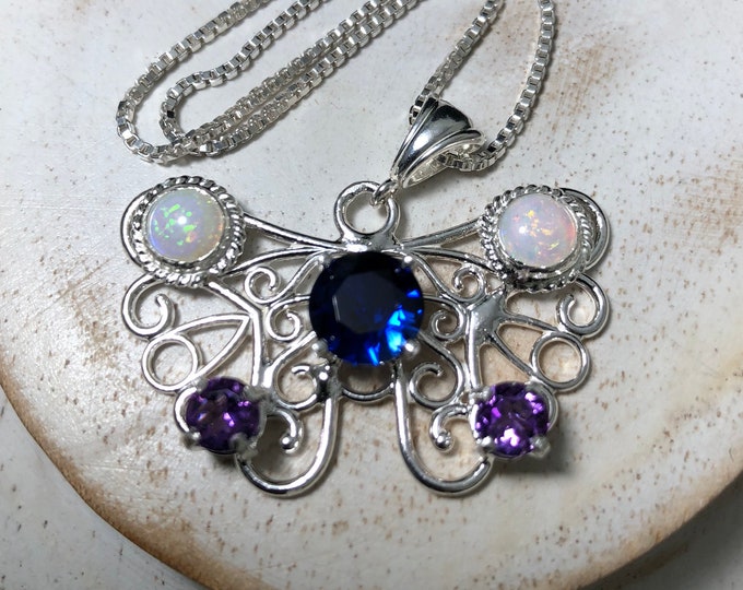 Butterfly Artisan Bohemian Jewelry Multiple Gems Necklaces in Sterling Silver, Gifts For Her, Nature Inspired Art Nouveau Butterfly Jewelry