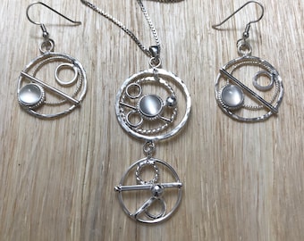 Bohemian Hoop Celestial Necklace and Earrings Set in Sterling Silver, Artisan Abstract Jewelry Sets with Gemstone, Handmade OOAK Jewelry