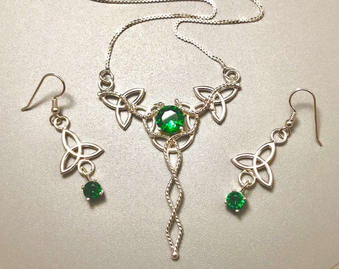 Irish Emerald Necklace & Earring Set, Gifts For Her, Sterling Silver Celtic Necklace and Earrings, Emerald  Victorian Jewelry, Wedding Set