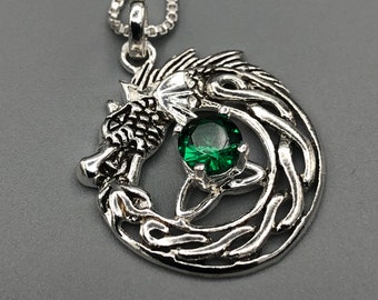 Sterling Silver Celtic Dragon Emerald Necklace: Trinity Knot Pendant, Irish Dragon Pendant, Gifts For Her