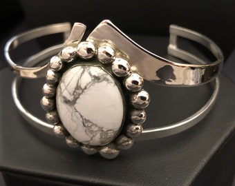 Stevie Nicks Style Statement Bracelet Cuff in Sterling Silver, Custom Made to Wrist Size, White Turquoise