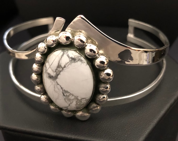 Stevie Nicks Style Statement Bracelet Cuff in Sterling Silver, Custom Made to Wrist Size, White Turquoise