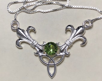 Celtic Fleur-De-Lis Gemstone Necklace, Gifts For Her, Celtic Bohemian Jewelry, Anniversary Gifts, Irish Jewelry, French Bohemian Style