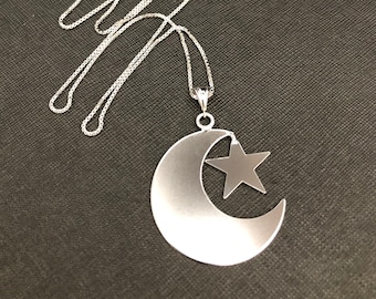 Stevie Nicks Inspired Crescent Moon and Star Necklace with 18 inch Box Chain, Sterling Silver Celestial Crescent Moon Necklace, Handmade