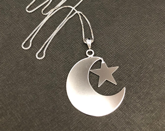 Stevie Nicks Inspired Crescent Moon and Star Necklace with 18 inch Box Chain, Sterling Silver Celestial Crescent Moon Necklace, Handmade