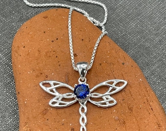 Sterling Silver Dragonfly Necklace: Celtic Knot Gemstone Pendant Sapphire Emerald Peridot Celtic