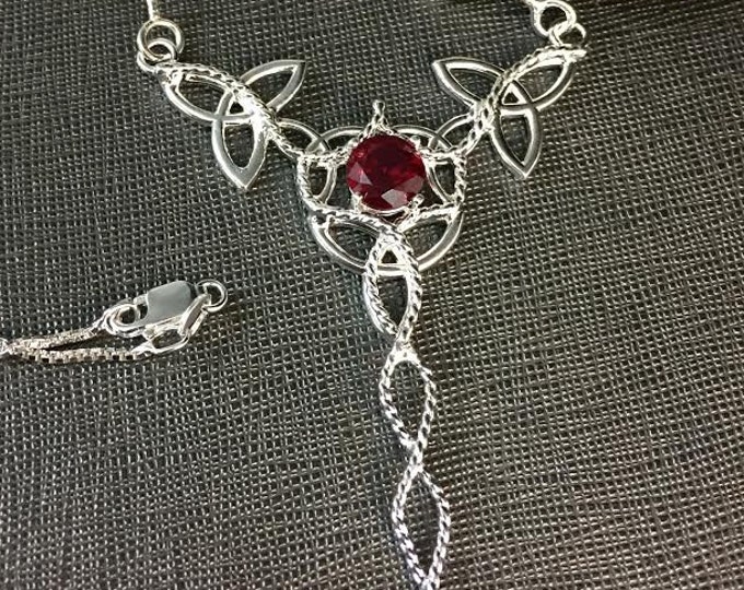 Celtic Knot Chandelier Garnet Necklace in Sterling Silver, Irish Drop Pendant Handmade Necklaces, Artisan Neck Jewelry