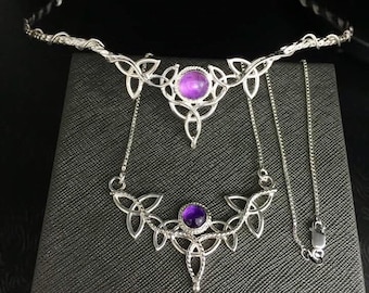 Irish Celtic Trinity Knot Amethyst Tiara, Necklace Set in Sterling Silver, Fantasy Wedding, Scottish Wedding, Bridal Accessory Set, Artisan