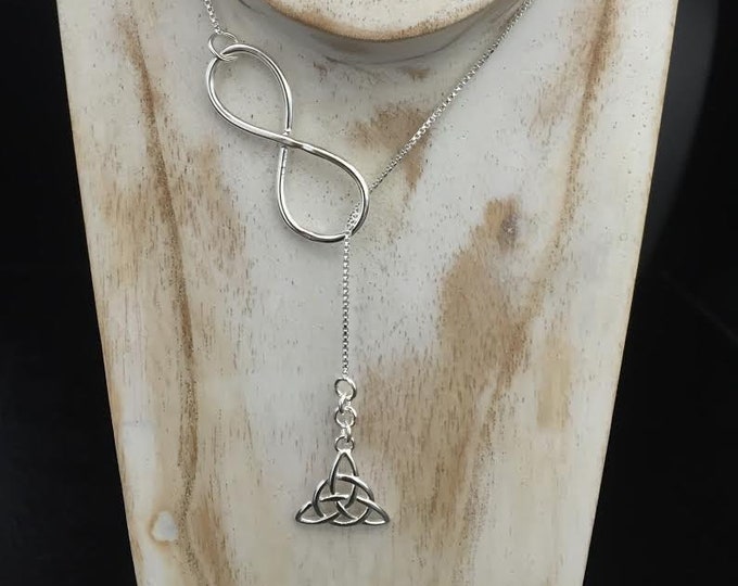 Celtic Eternity Long Necklace, Lariat Silver Necklace, Long Celtic Lariat Necklace in Sterling Silver with 18 Inch Box Chain, Handmade, OOAK
