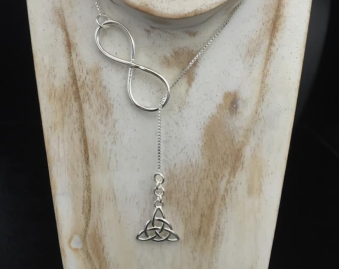 Irish Celtic Eternity Long Necklace, Lariat Silver Necklace, Long Celtic Lariat Necklace in Sterling Silver with 18 Inch Box Chain, Handmade