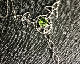 Celtic Knot Emerald Sterling Silver Necklace with Gemstone, Irish Statement Jewelry, Large Celtic Braid Pendants, Gifts For Her