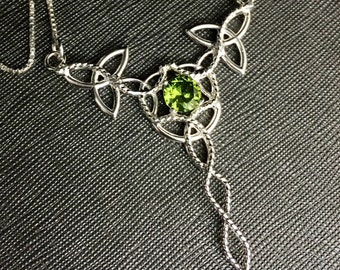 Celtic Knot Emerald Sterling Silver Necklace with Gemstone, Irish Statement Jewelry, Large Celtic Braid Style Pendants, Gifts For Her