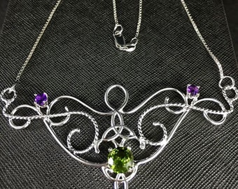 Celtic Victorian Bridal Necklace, Peridot Amethyst Necklace in Sterling Silver, Bohemian Necklace, Gifts For Her, Artisan Jewelry Handmade