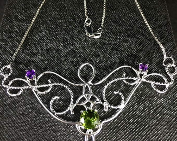 Celtic Victorian Bridal Necklace, Peridot Amethyst Necklace in Sterling Silver, Bohemian Necklace, Gifts For Her, Artisan Jewelry Handmade
