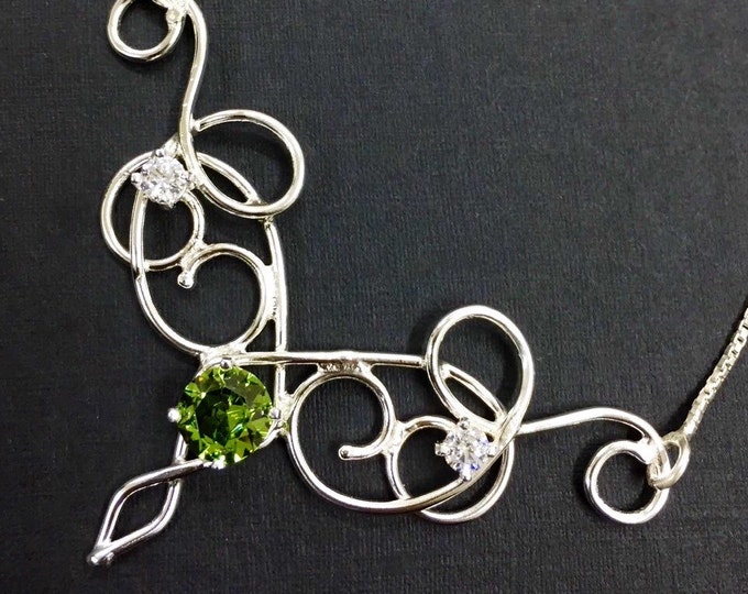 Handmade Sterling Silver Peridot Emerald Necklace: Bohemian Elvish Wirework Necklace, Gifts For Her