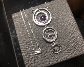 Bohemian Rings Statement Necklace and Earrings Set in Sterling Silver, Artisan Eternity Circles Jewelry with Gemstone, Handmade Jewelry