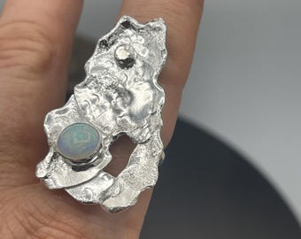 Handmade Sterling Silver Hammer Finish Abstract 2 Inch Length Ring with Opal in Bezel Setting, Eclectic Finger Rings, Art Nouveau Ring