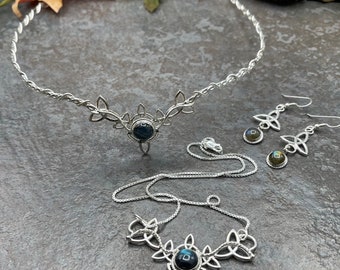 Celtic Trinity Knot Bridal Jewelry Set, Moonstone Celtic Knot Tiara, Necklace with Cab Gemstones, Handmade Sterling Silver Jewelry