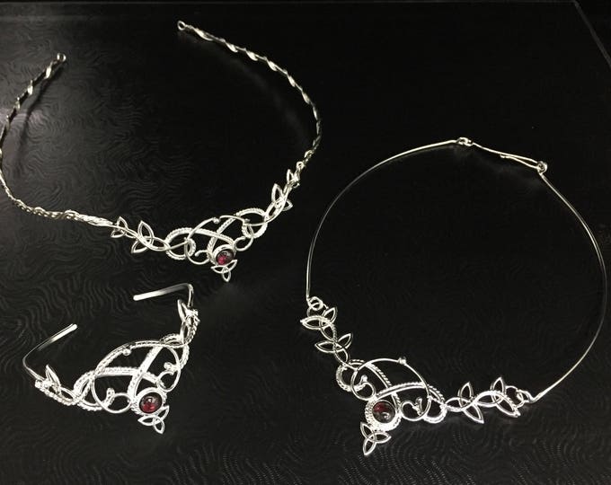 Irish Celtic Tiara, Choker, Bracelet Jewelry Set, Moonstone Wedding Jewelry Set in Sterling Silver, Irish Bridal Accessories