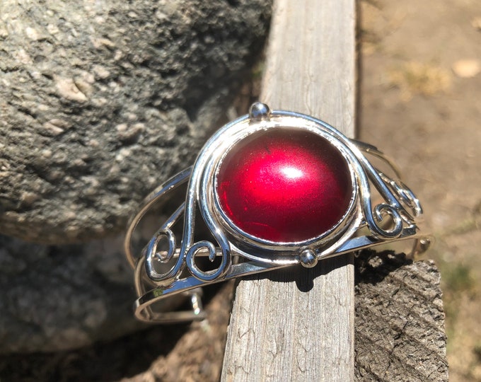 Sterling Silver Witchblade Style Bracelet, Artisan Boho Red Glass 25mm Cabochon, Statement Heavy Bracelet Cuff Large, Handmade Cuff Bracelet