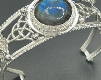 Handmade Sterling Silver Celtic Knot Gemstone Cuff Bracelet, Statement Jewelry, Large Cuff Bracelet
