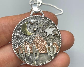 Southwest Sterling Silver Necklace: Silver Cactus, Copper Mountain, Gold Sun, Hiking,  Desert Jewelry,  1.25 Inch Pendant, 18 inch Chain
