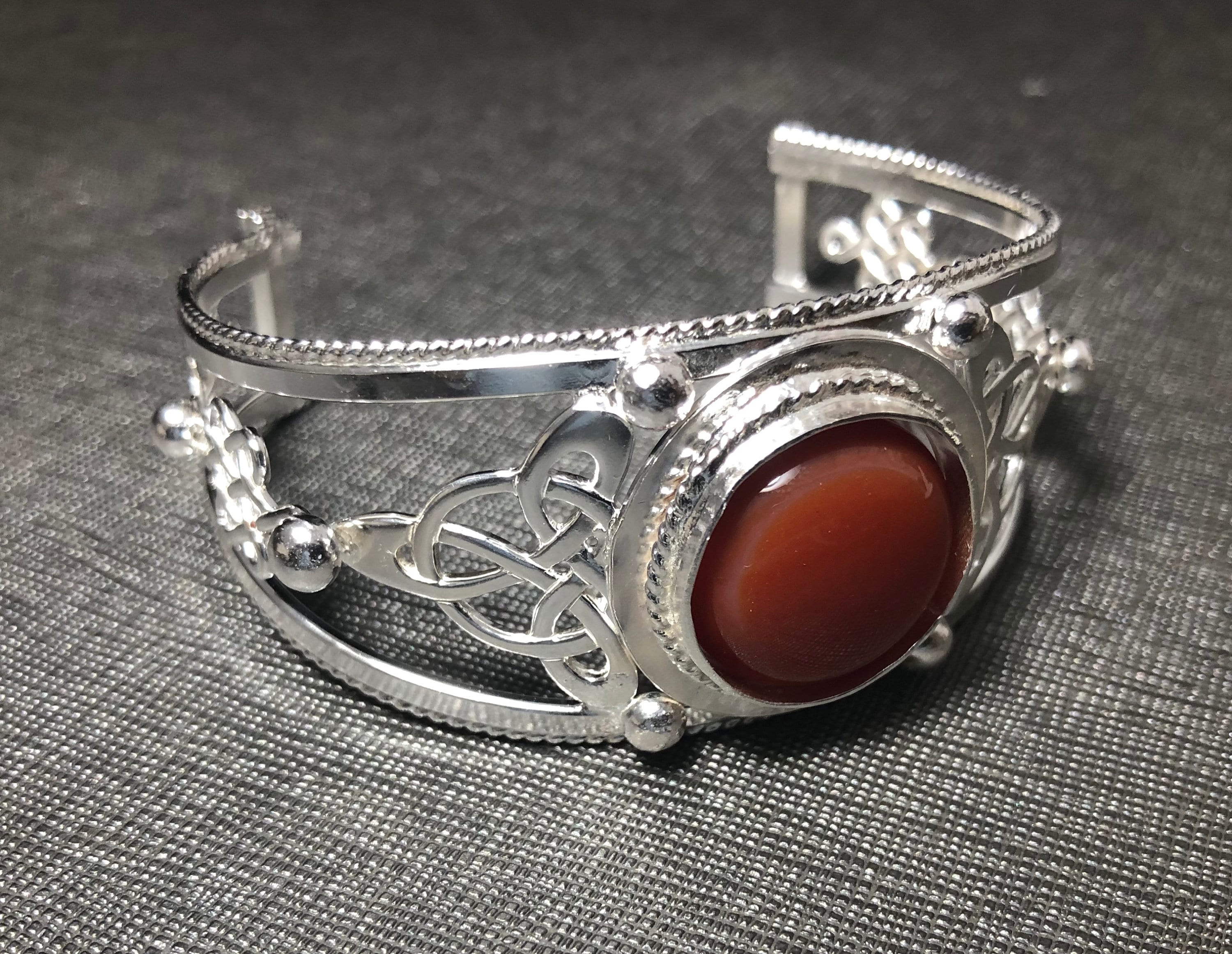 Celtic Knot Irish Bracelet Cuff with Gemstone in Sterling Silver, Handmade Cuff Jewelry, Large