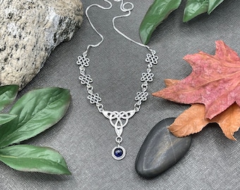Celtic Knot Amethyst Necklace Sterling Silver With 16 Inch Box Chain Attached, Irish Bridal Necklace with 8mm Gemstone, Gifts For Her