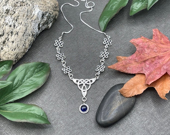 Celtic Knot Amethyst Necklace Sterling Silver With 16 Inch Box Chain Attached, Irish Bridal Necklace with 8mm Gemstone, Handmade 925, OOAK