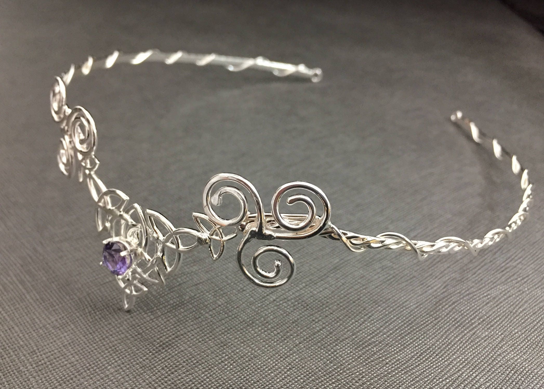 Celtic Amethyst Emerald Tiara, Irish Trinity Knot Circlet in Sterling Silver, Irish Weddings