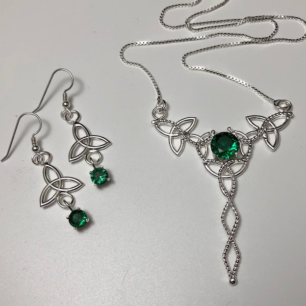 Celtic Trinity Knot Necklace Earrings Emerald Set in Sterling Silver, Irish Bridal Accessories, Emerald Necklace and Earrings Jewelry Sets