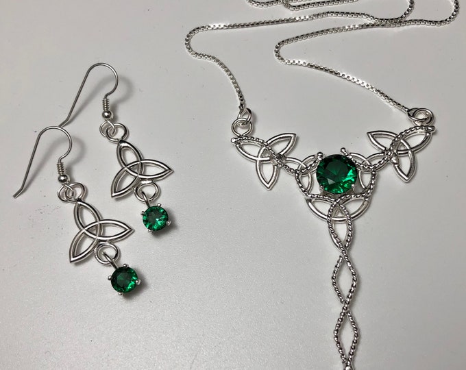 Celtic Trinity Knot Necklace Earrings Emerald Set in Sterling Silver, Irish Bridal Accessories, Emerald Necklace and Earrings Jewelry Sets