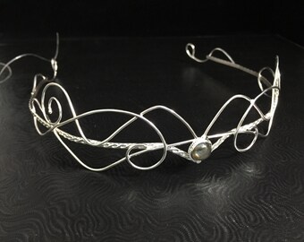 Elvish Wedding Tiara, Bridal Diadems, Renaissance Circlet, Sterling Silver Headpieces, Forehead Jewelry