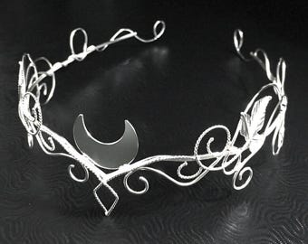 Sterling Silver Crescent Moon Circlet: Elvish Bridal Diadem, Woodland Vine Wedding Tiara, Handmade Bridal Jewelry, Pagan Moon Handfasting