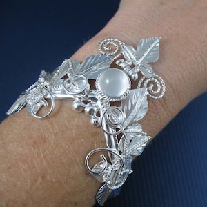 Woodland Moonstone Cuff Bracelet in Sterling Silver, Artisan Heavy Bracelet Cuff with Leaves, Gifts For Her, Wedding Ideas, Wrist Jewelry