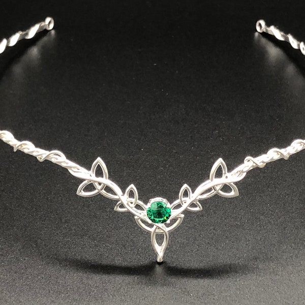 Handgemachter keltischer Smaragd-Haarreif aus Sterlingsilber, irische Tiara, keltisches Diadem, Fantasy-Hochzeit, Geschenk für Sie