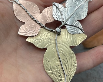 Large Statement Leaf Woodland Necklace in Mixed Metals, Large Leaves Pendant Necklace, Handmade, Fae Elvish Jewelry