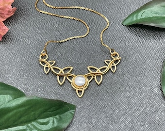 Celtic Trinity Knot Gemstone Necklace: 24K Gold Plated Sterling Silver, Irish Moonstone Necklace, Gifts For Her