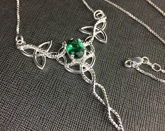 Sterling Silver Celtic Knot Necklace: Emerald Irish Jewelry Handmade, Gifts For Her