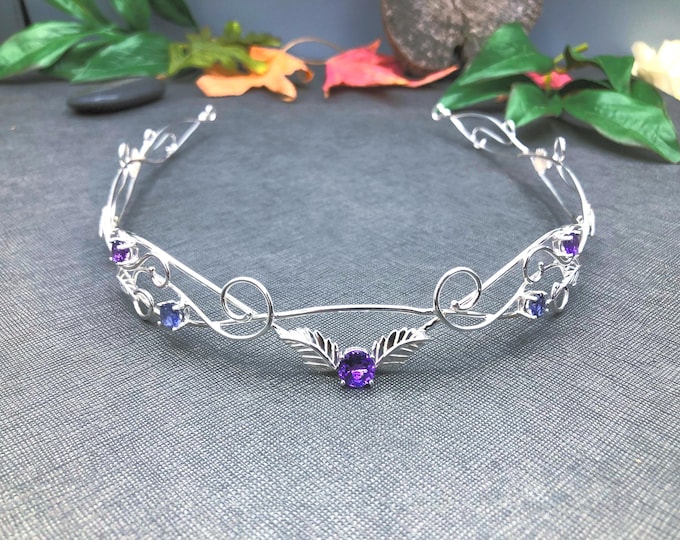 Woodland Elvish Bridal Tiara, Peridot Sapphire Fae Circlet in Sterling Silver, Renaissance Bridal Diadem, Alternative Bridal Tiaras
