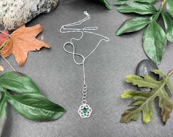 Emerald Celtic Knot Lariat Necklace: Sterling Silver Irish Jewelry, Long Necklace
