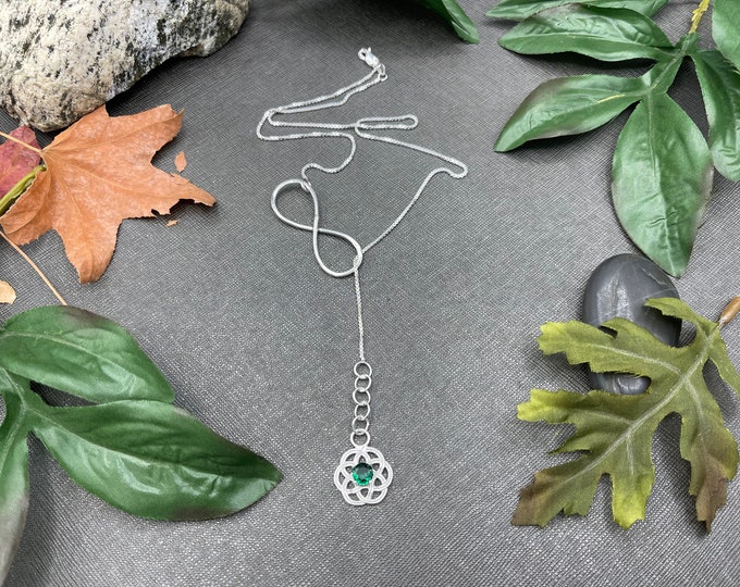 Emerald Celtic Knot Lariat Necklace: Sterling Silver Irish Jewelry, Long Necklace