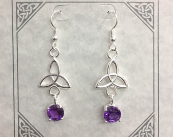 Celtic Sterling Silver Amethyst Trinity Knot Earrings: Irish Symbolic Dangle Earrings, Gifts For Her
