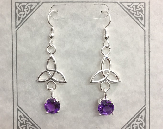 Amethyst Trinity Knot Celtic Drop Earrings, Celtic Charmed Irish 925 Earrings, Silver 925 Amethyst Wedding Earrings, Boho Hipster Earrings