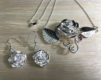 Rose Succulent Necklace and Earrings in Sterling Silver, Artisan Rose Jewelry, Handmade Rose Earrings, Floral Jewelry, Gifts For Her